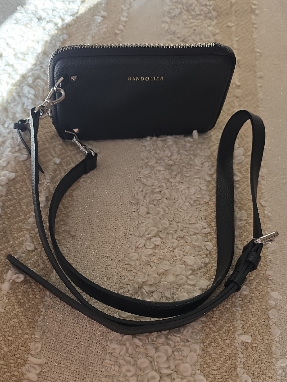 Bandolier Black Leather Crossbody Travel Wallet with Adjustable Strap
